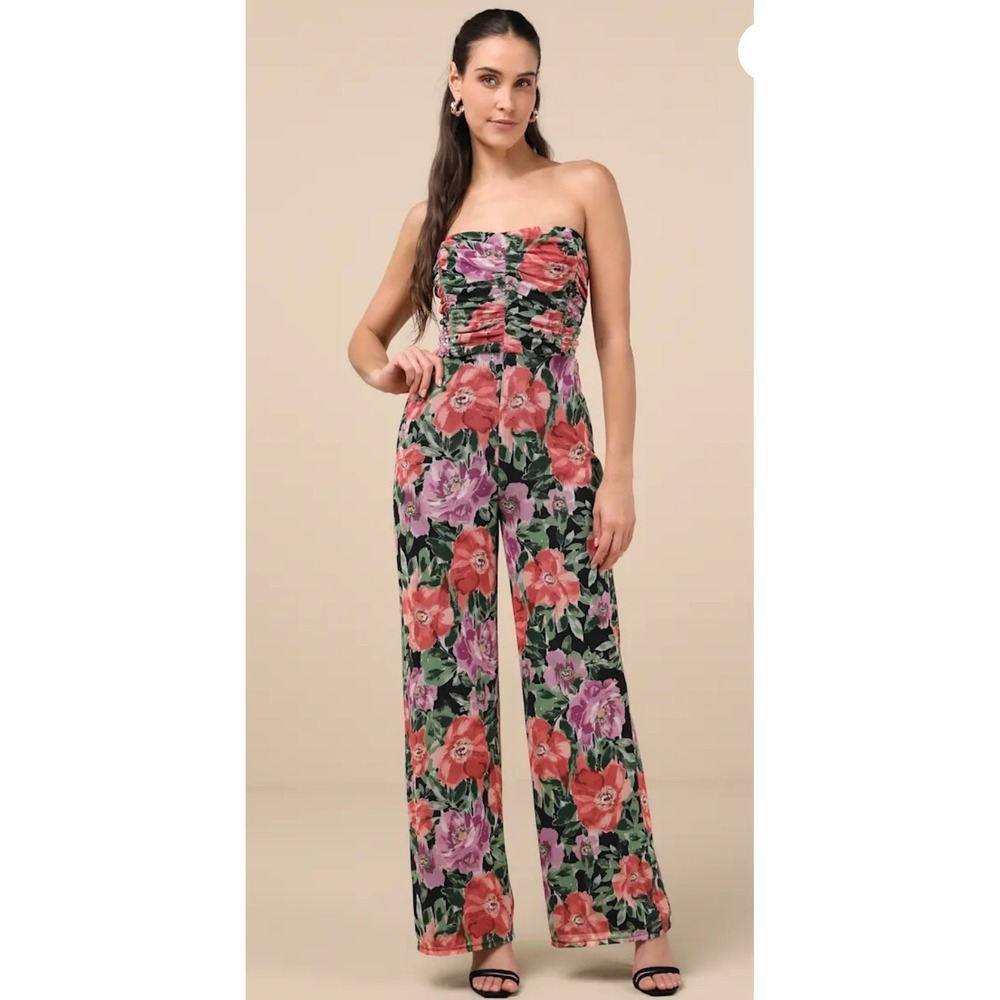 Lulus Layka Black Multi Floral Mesh‎ Wide-Leg Jumpsuit M NwT